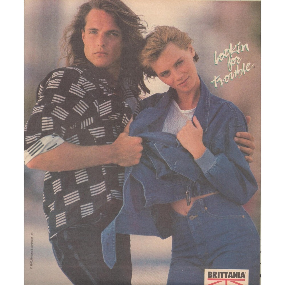 Vintage 1985 Britannia Print Ad 80s Fashion Jeans Jacket Retro Clothing Decor